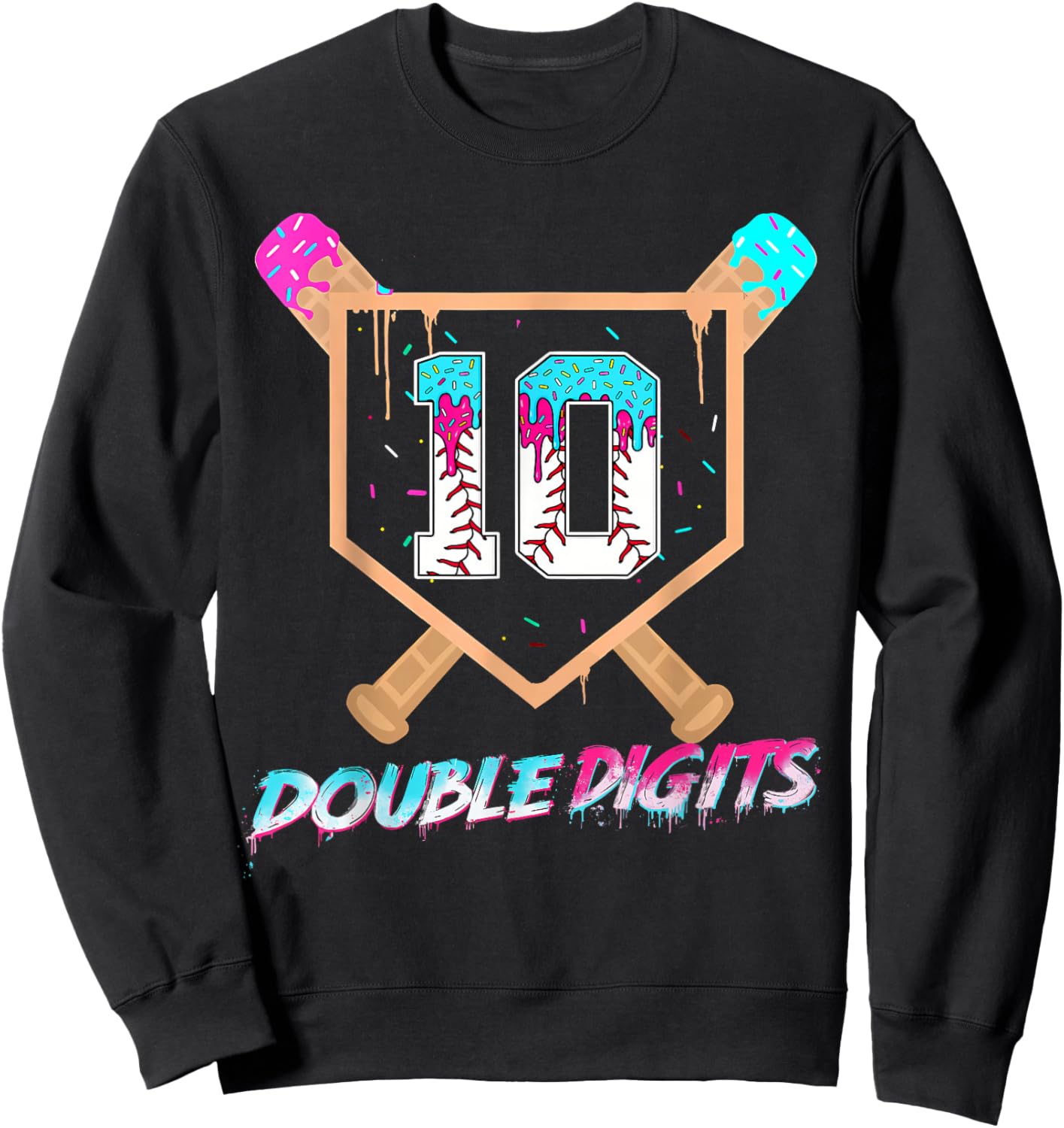 Baseball Drip 10th Birthday Boy Double Digits Ice Cream Drip Sweatshirt - Sweatshirt | Black