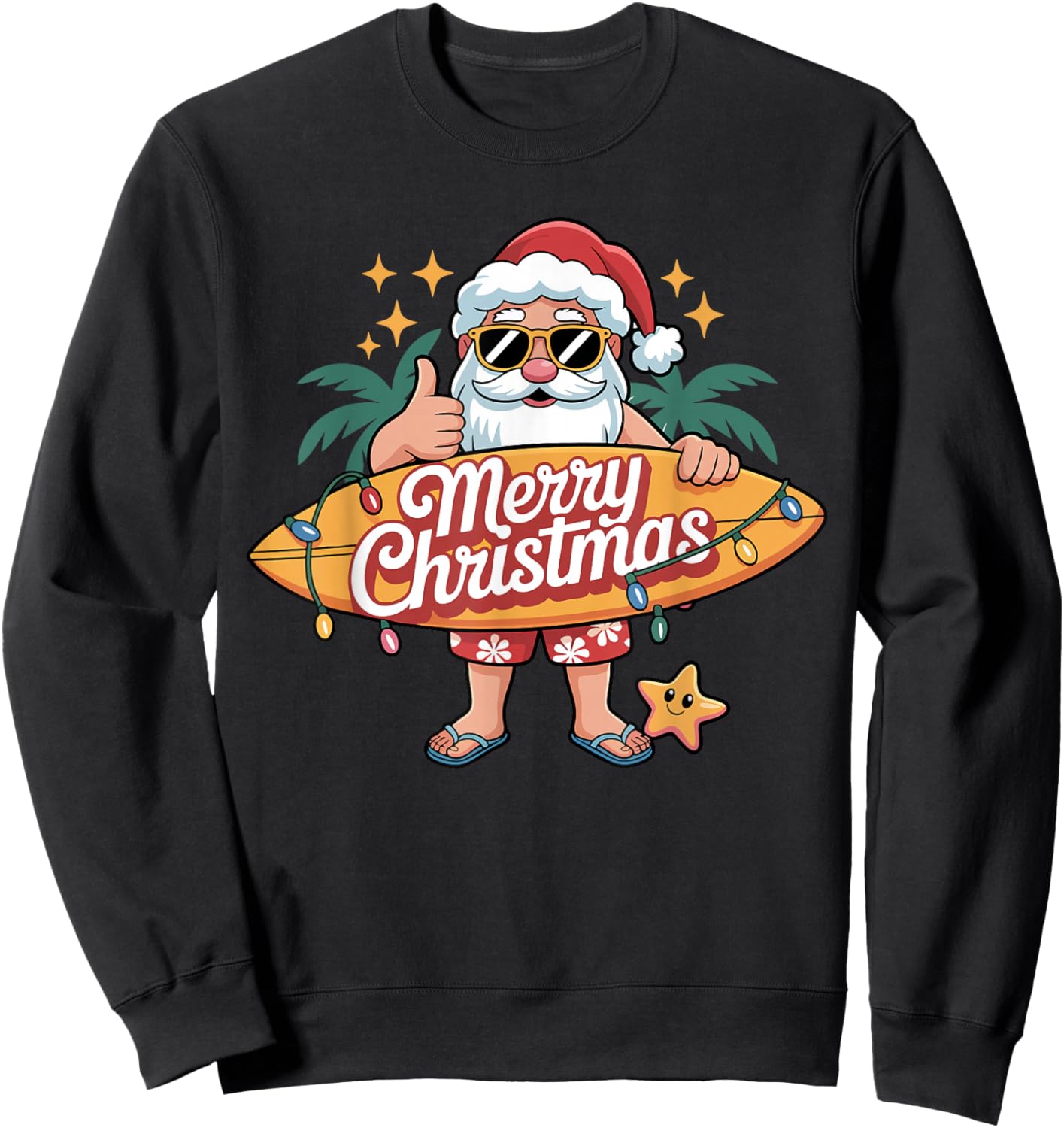 Santa Surfing Hawaiian Beach Christmas in July Tropical Xmas Sweatshirt - Sweatshirt | Black