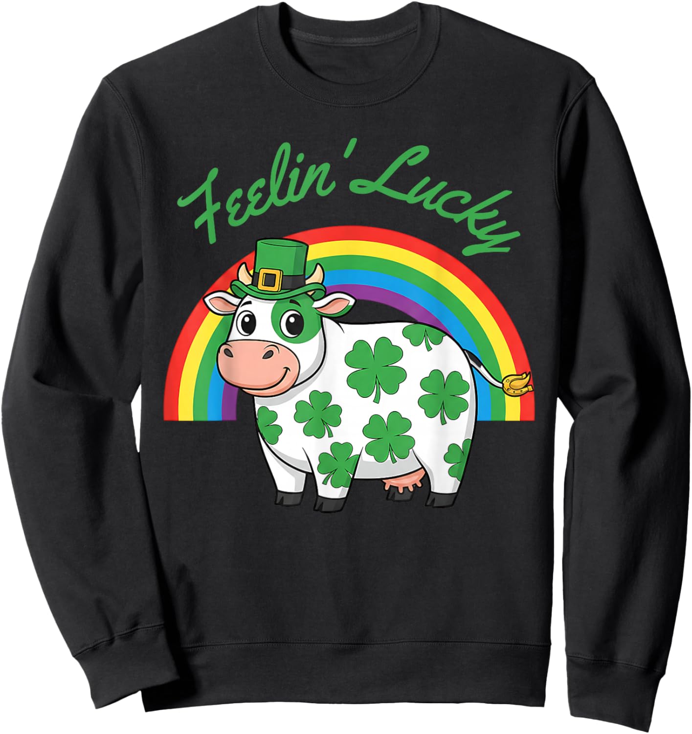 Feelin Lucky St Patricks Day Cow Funny Irish Shamrock Cow Sweatshirt - Sweatshirt | Black