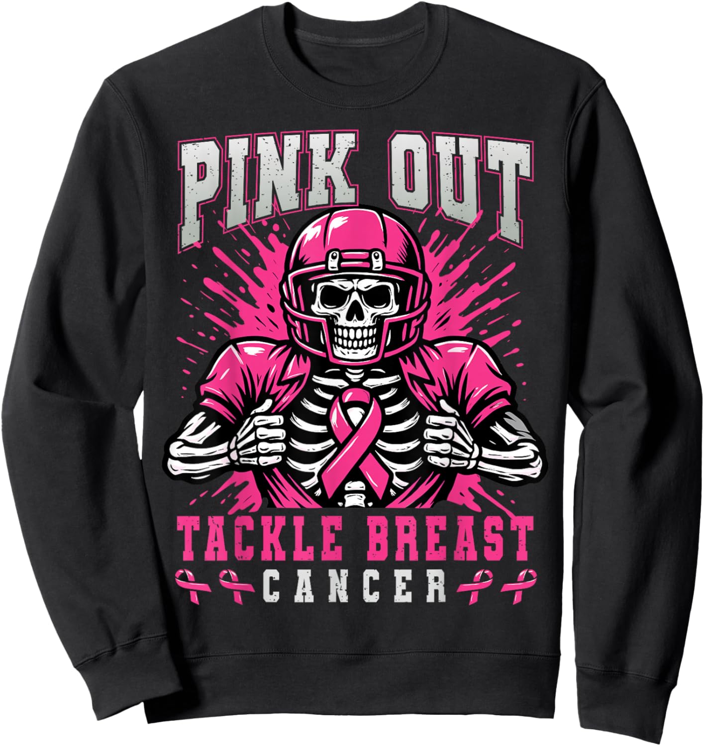 Pink Out Tackle Breast Cancer Football Skeleton Halloween Sweatshirt - Sweatshirt | Black