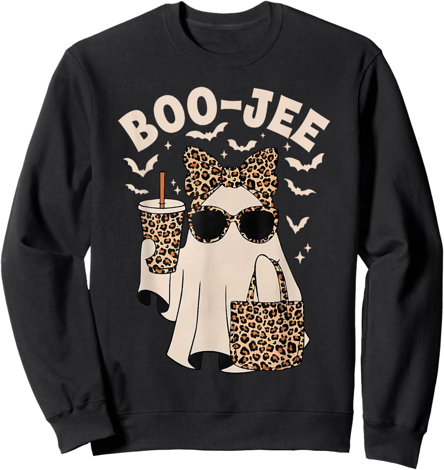Boo JEE Boujee Leopard Ghost Halloween October Vibes Sweatshirt - Sweatshirt | Black