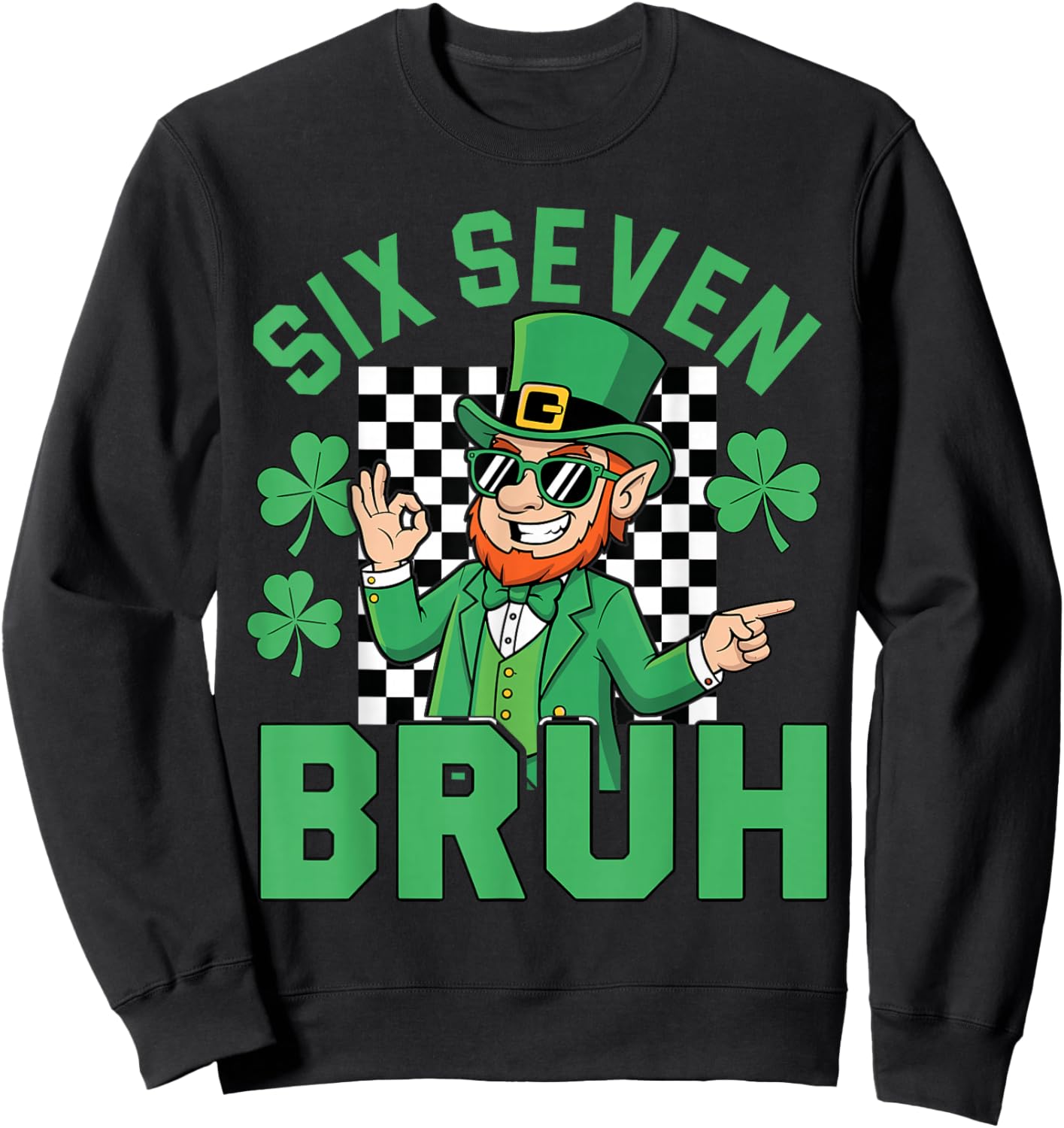 Six Seven Bruh St Patrick's Day Leprechaun Meme Boys Sweatshirt - Sweatshirt | Black