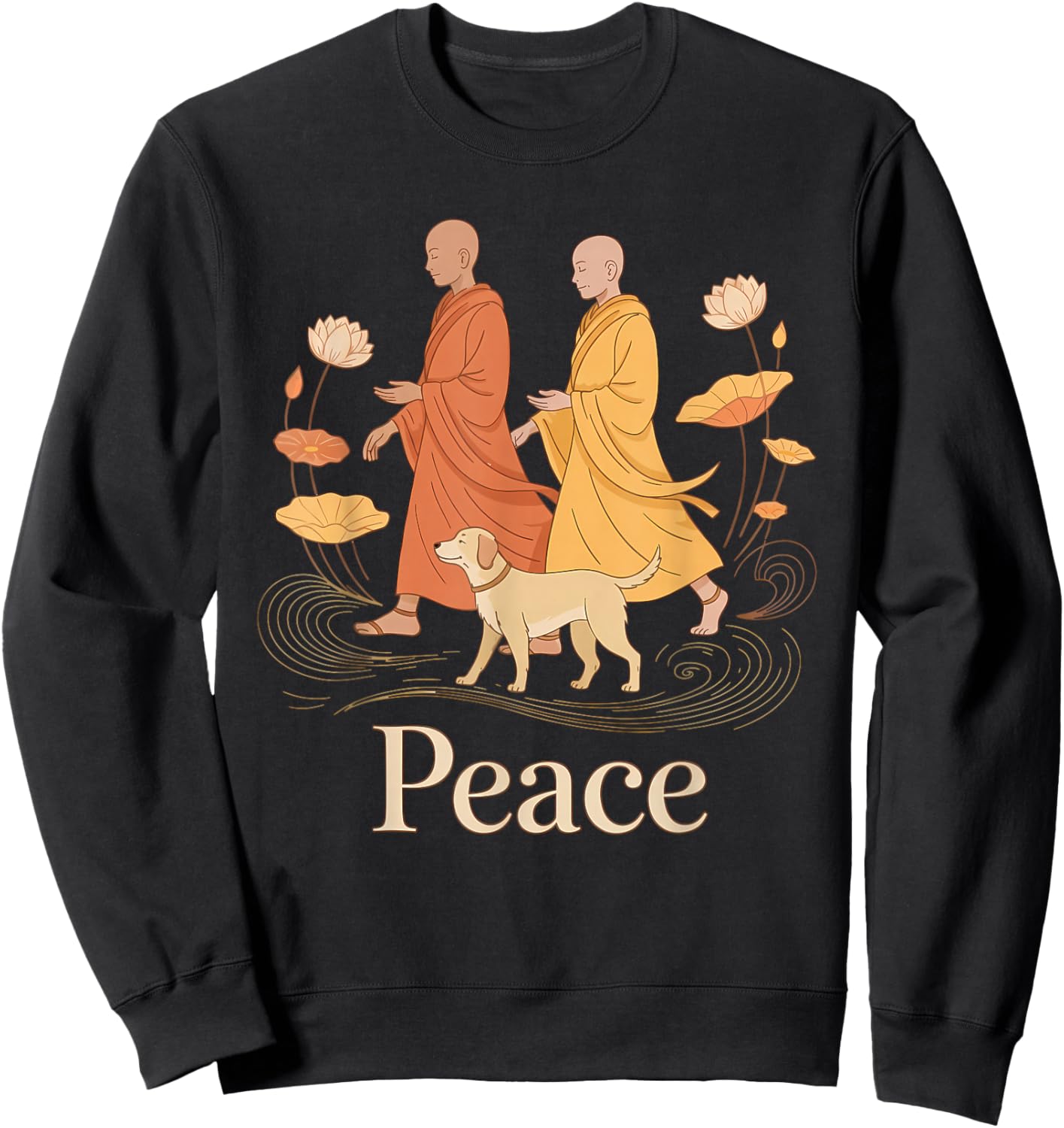Vintage Peace Walking Monks & Dog Minimalist Zen Art Sweatshirt - Sweatshirt | Black