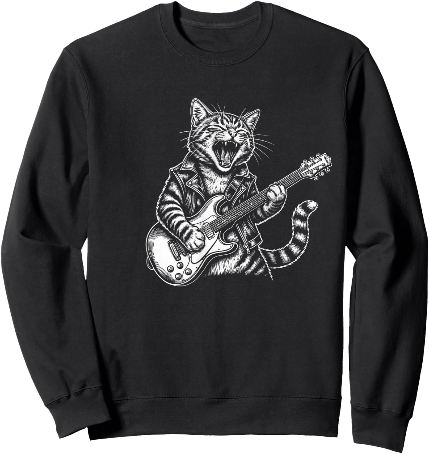 Funny Rock Cat Playing Guitar Electric Retro Lovers Sweatshirt - Sweatshirt | Black