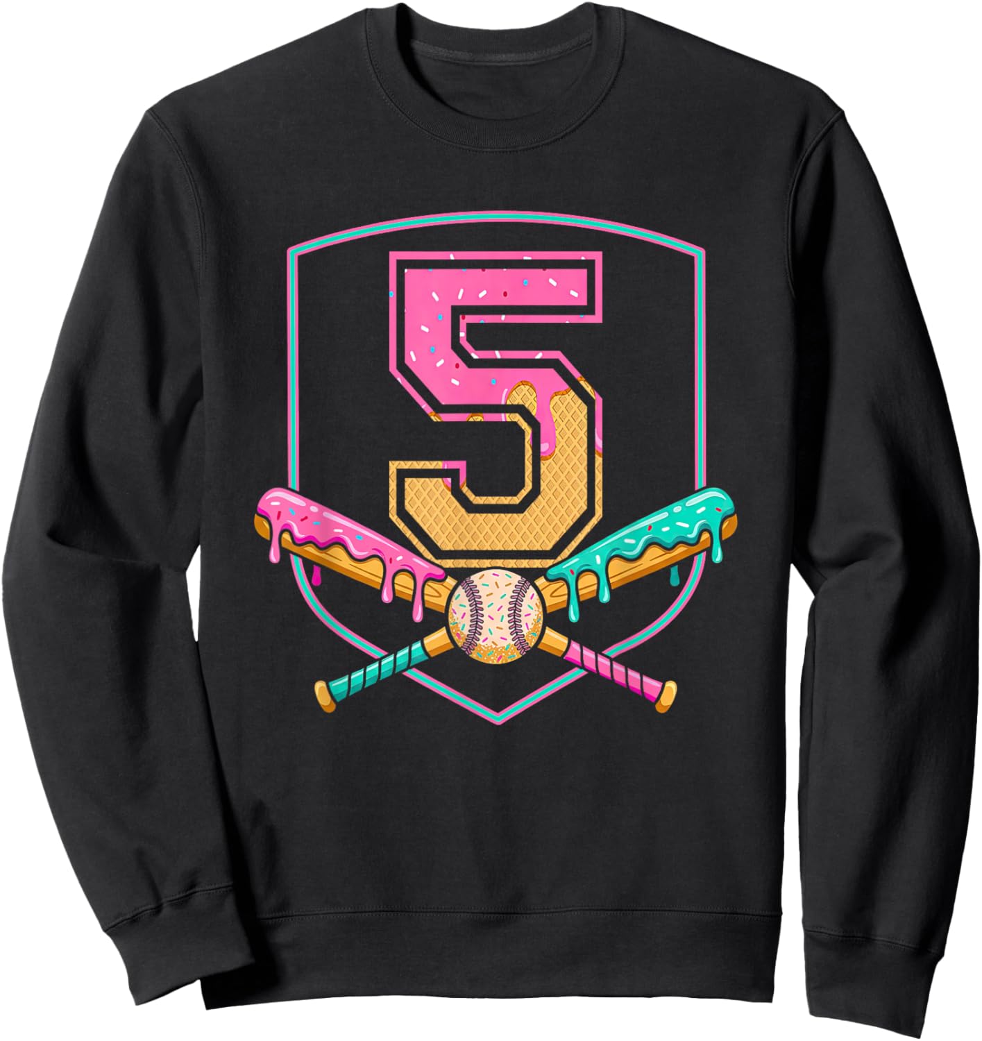 5th Birthday Baseball Bat Ice-Cream Drip 5 Years Old Boy Kid Sweatshirt - Sweatshirt | Black