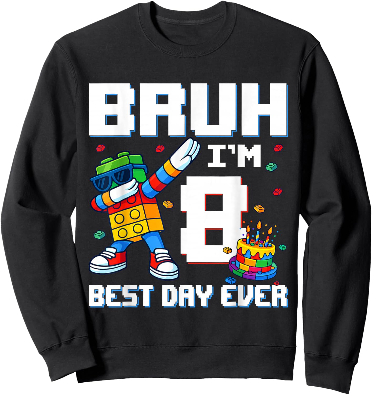 Bruh I’m 8 Colorful Block Character Birthday Kids Boys Sweatshirt - Sweatshirt | Black