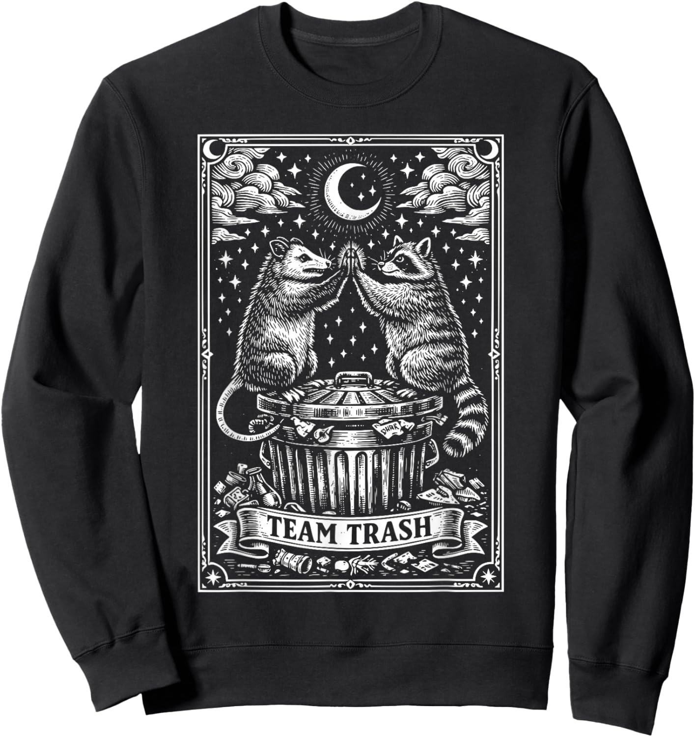 Vintage Tarot Card Raccoon Opossum Crescent Moon Raccoon Sweatshirt - Sweatshirt | Black