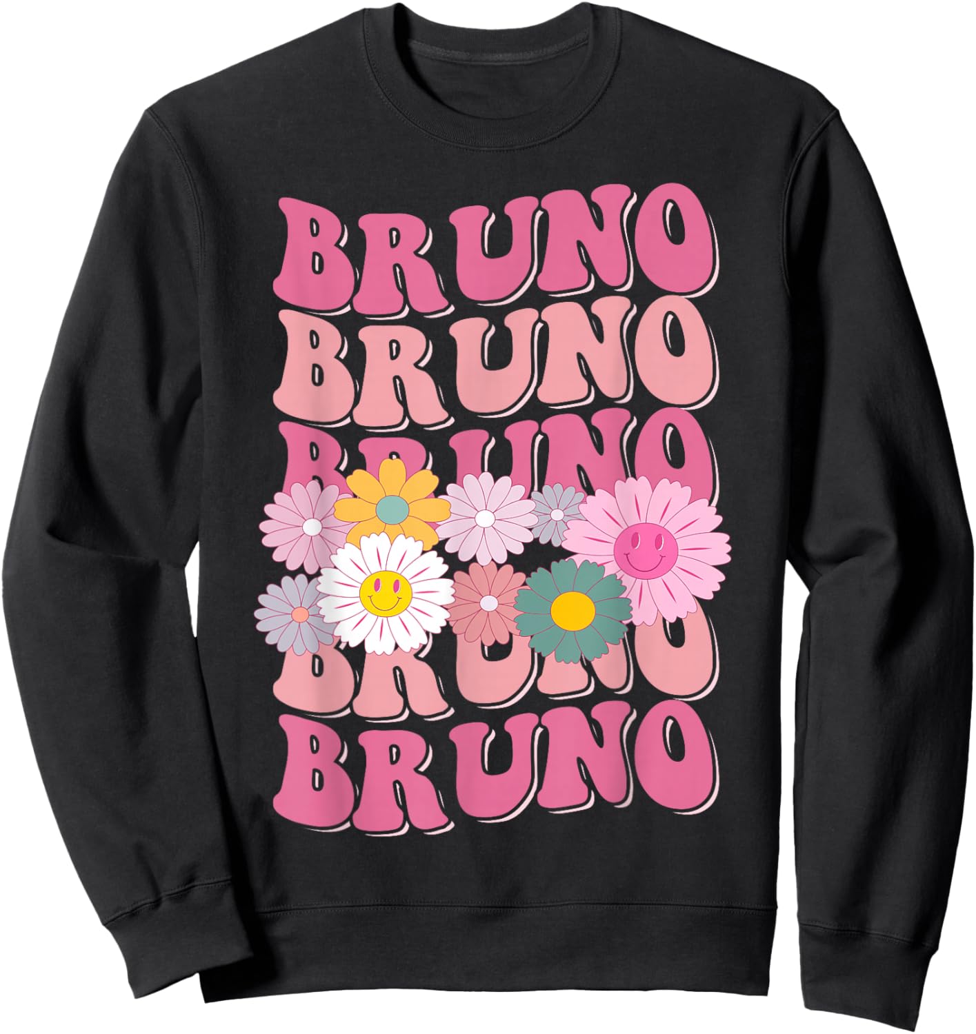 Girl Retro Bruno First Name Personalized Groovy 80's Sweatshirt - Sweatshirt | Black