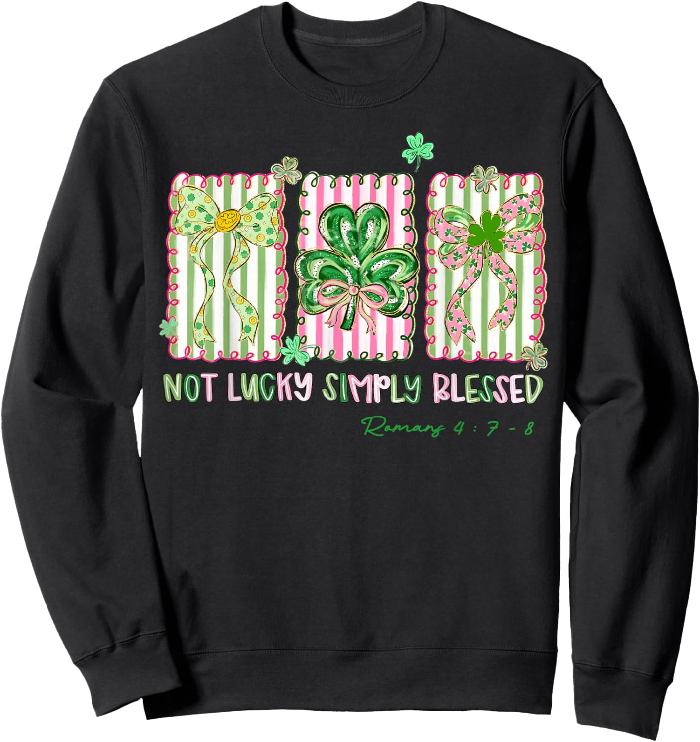 Preppy St Patrick's Day Simply Blessed Coquette Bow Shamrock Sweatshirt - Sweatshirt | Black