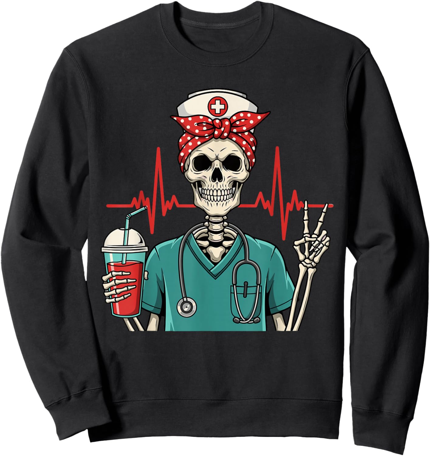 Funny Skeleton Nurse Coffee Lover Halloween Nurse Sweatshirt - Sweatshirt | Black