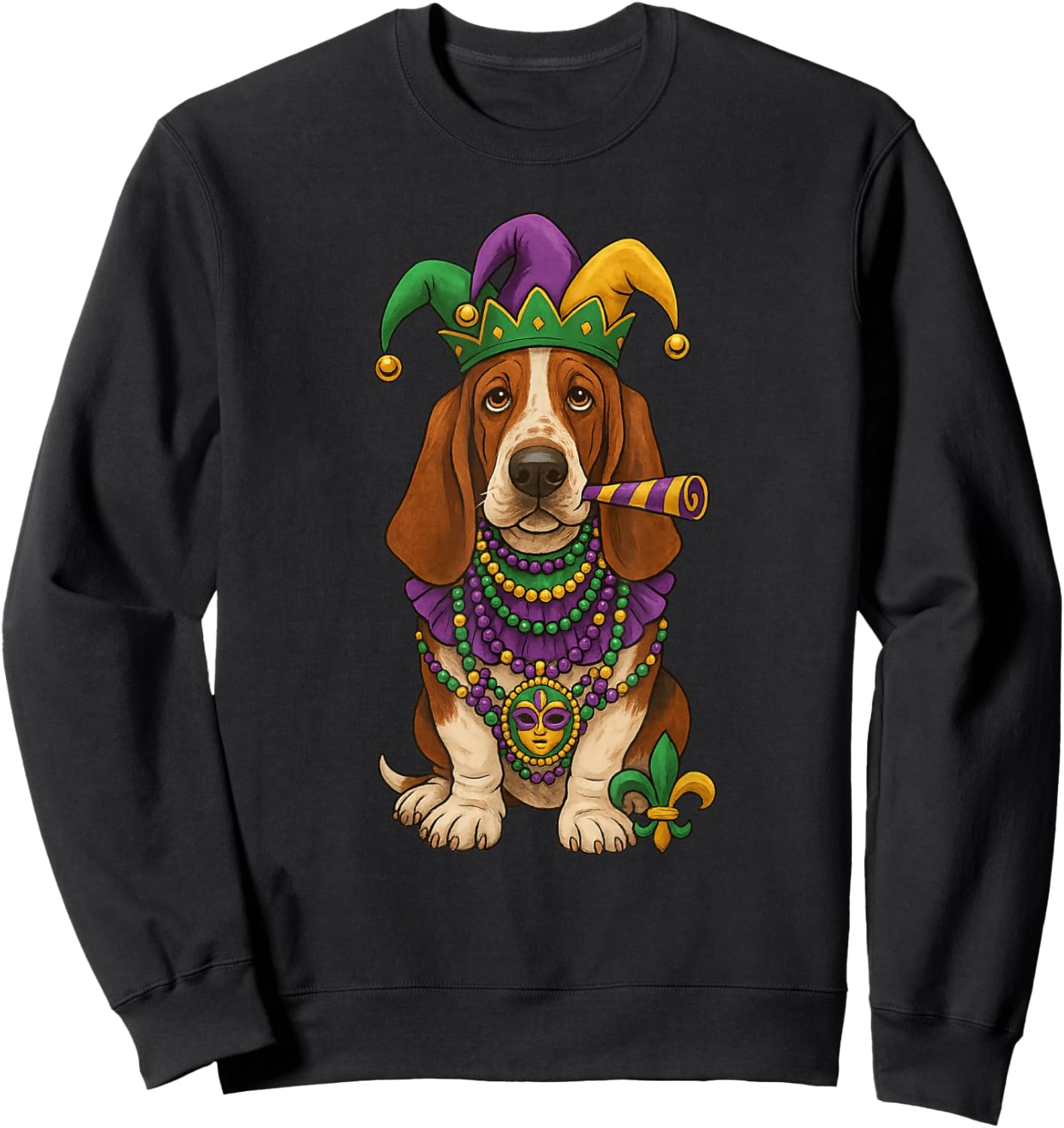 Mardi Gras, Basset Hound, Cute Dog Sweatshirt - Sweatshirt | Black