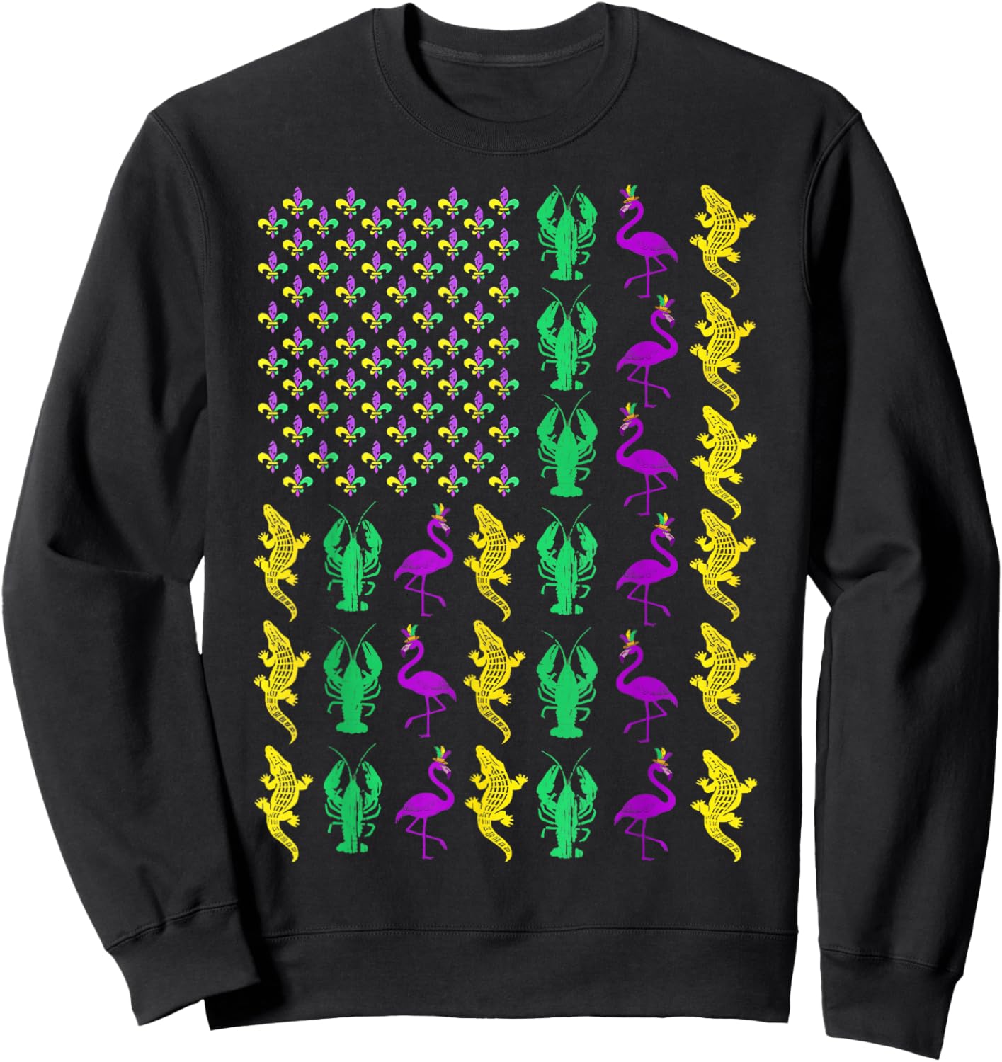 Mardi Gras American Flag Crawfish Flamingo Alligator Party Sweatshirt - Sweatshirt | Black