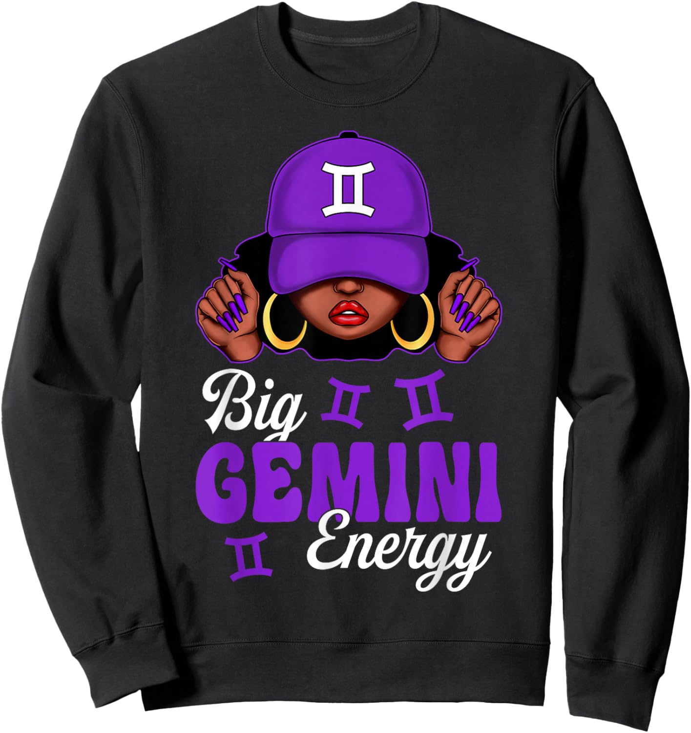 Big Gemini Energy Black Woman Purple Cap Zodiac Sign Sweatshirt - Sweatshirt | Black