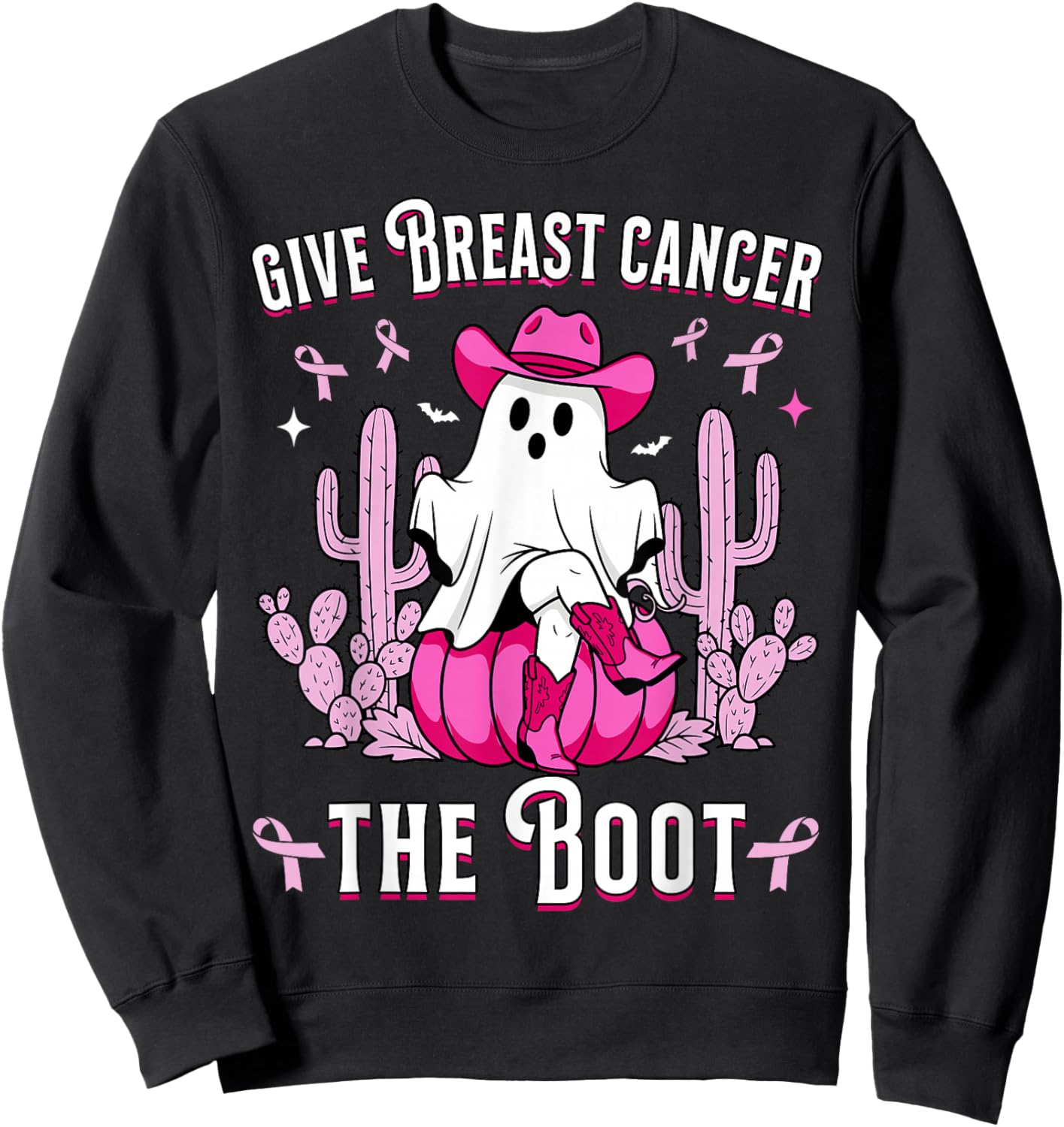 Give Breast Cancer The Boot Ghost Cowgirl Cancer Awareness Sweatshirt - Sweatshirt | Black