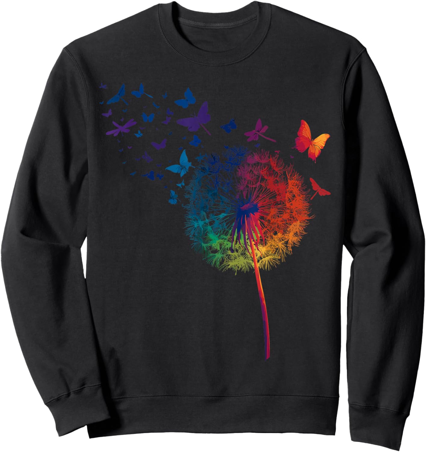 Rainbow Dandelion Spring Wildflower Minimalist Dragonfly Sweatshirt - Sweatshirt | Black