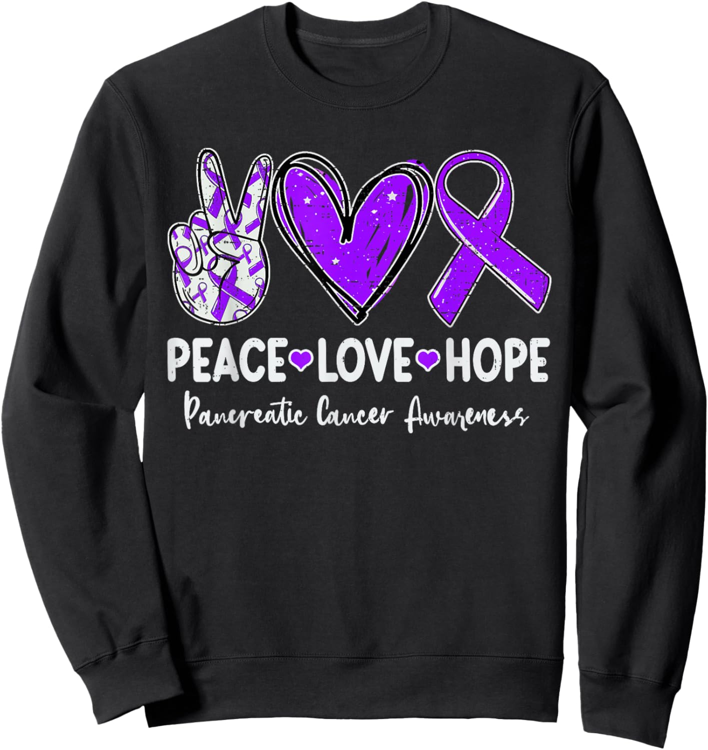 Peace Love Hope Pancreatic Cancer Awareness Ribbon Purple Sweatshirt - Sweatshirt | Black