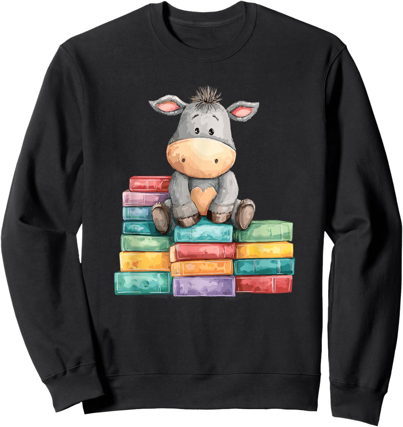 Adorable Donkey with Heart Sitting On Colorful Book Stack Sweatshirt - Sweatshirt | Black
