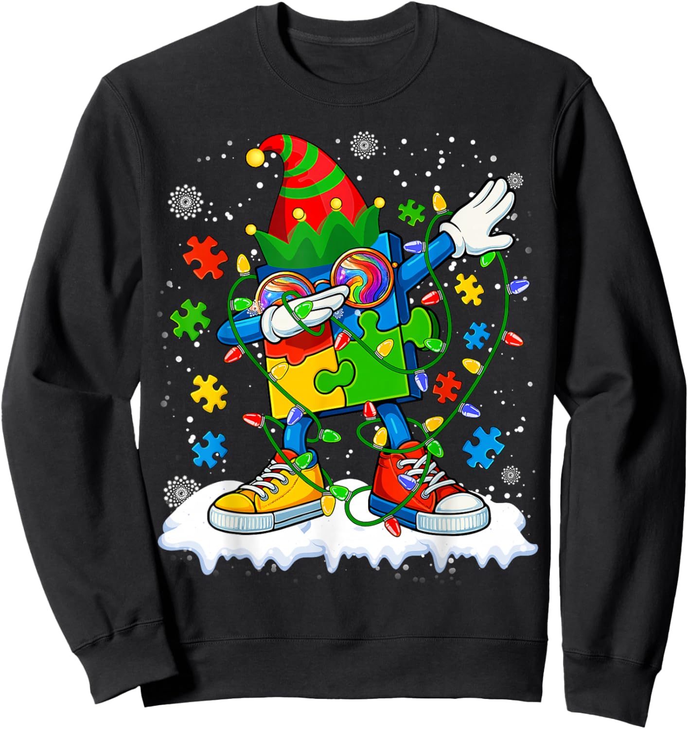Dabbing Autism Christmas Tree Lights Xmas Men Women Kids Sweatshirt - Sweatshirt | Black