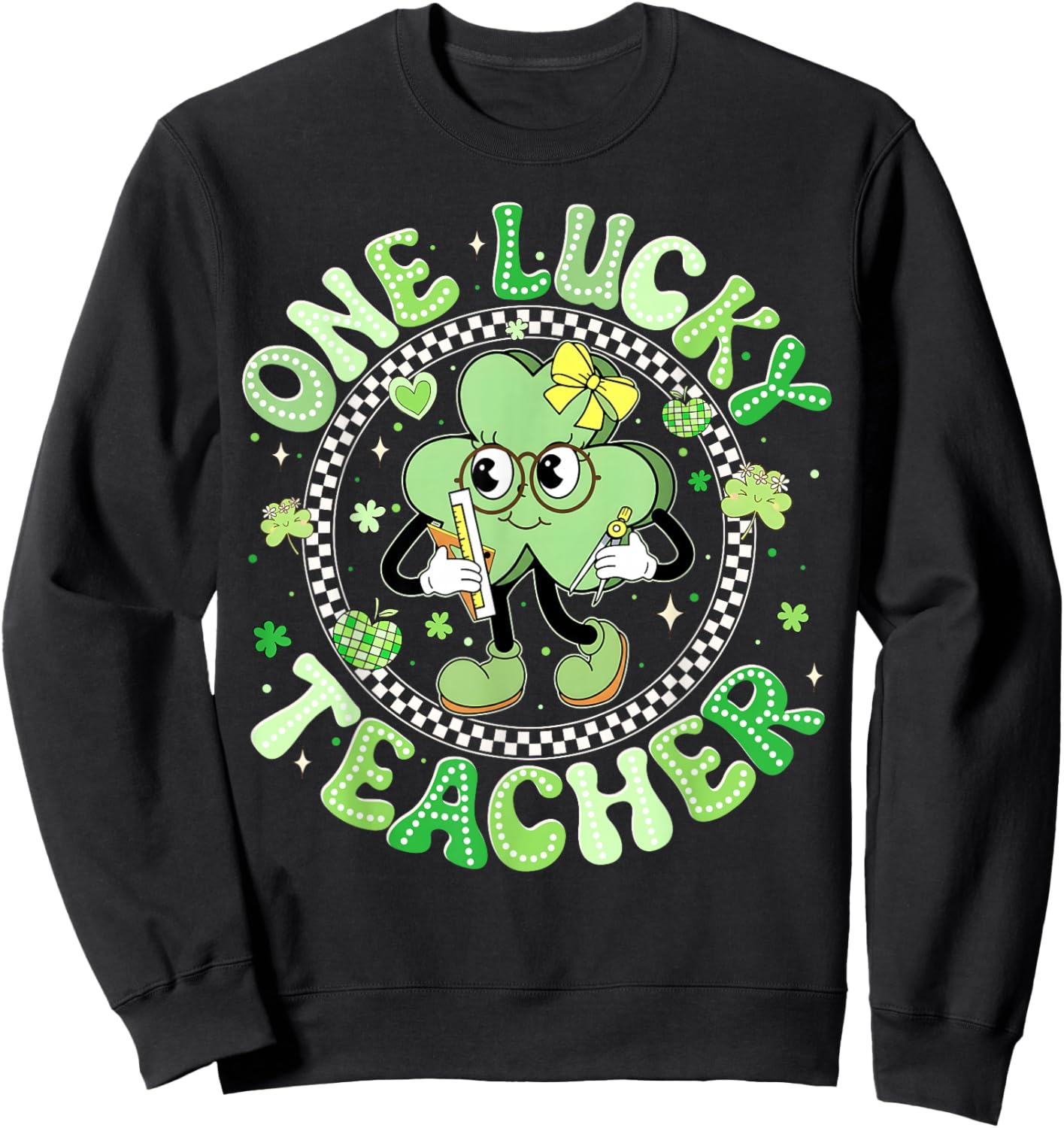 One Lucky Teacher St Patricks Day Shamrock Face Girl Teacher Sweatshirt - Sweatshirt | Black