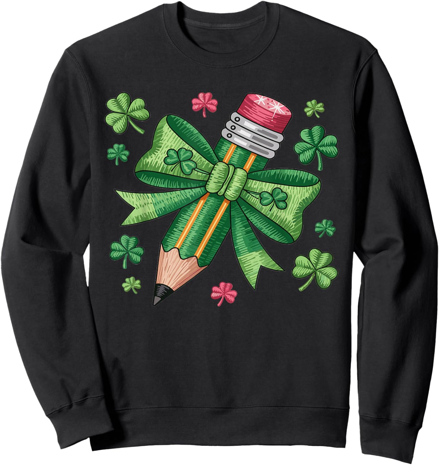 Teacher St. Patrick’s Day Pencil with Bow Shamrock Graphic Sweatshirt - Sweatshirt | Black