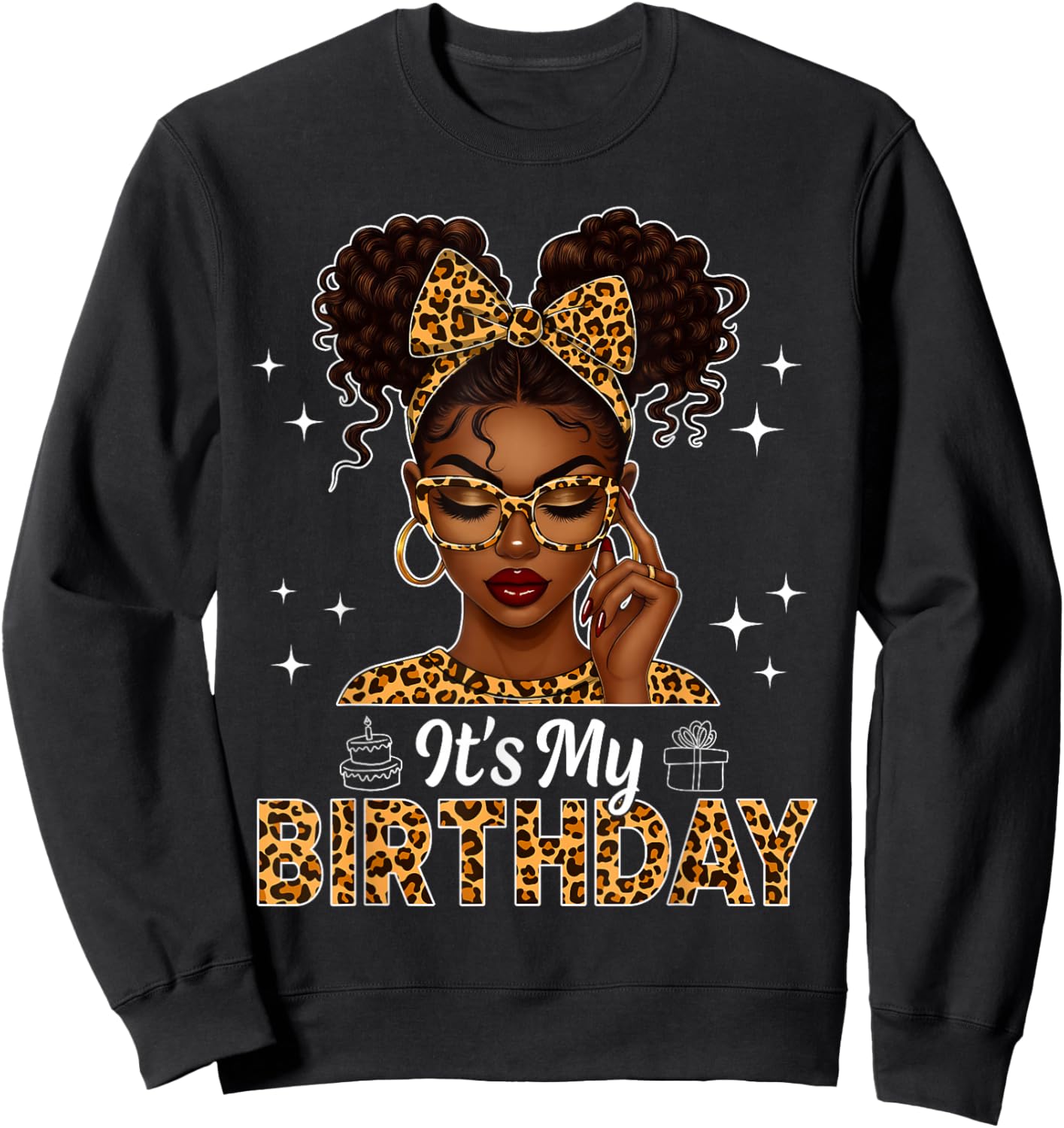 Afro Woman Black Girl Women Leopard Bow It's My Birthday Sweatshirt - Sweatshirt | Black