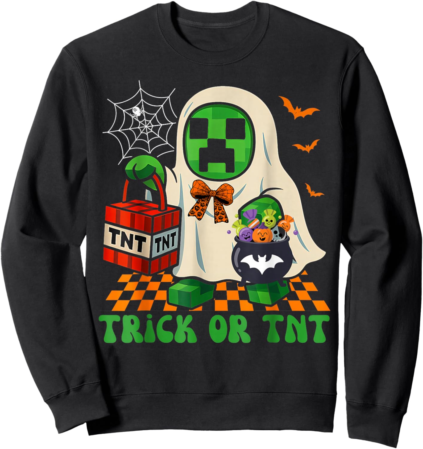 Funny Halloween Ghost Gamer Pixel Kids Boy Trick or TNT Sweatshirt - Sweatshirt | Black