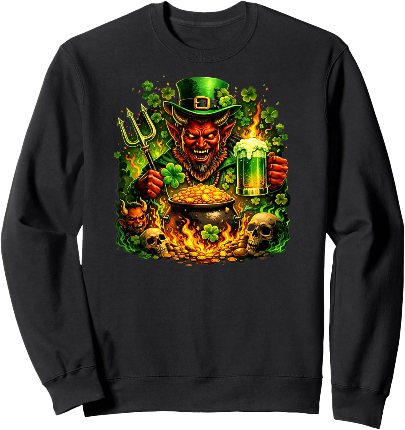Dark St Patricks Day Evil Leprechaun Devil Skull Men Graphic Sweatshirt - Sweatshirt | Black