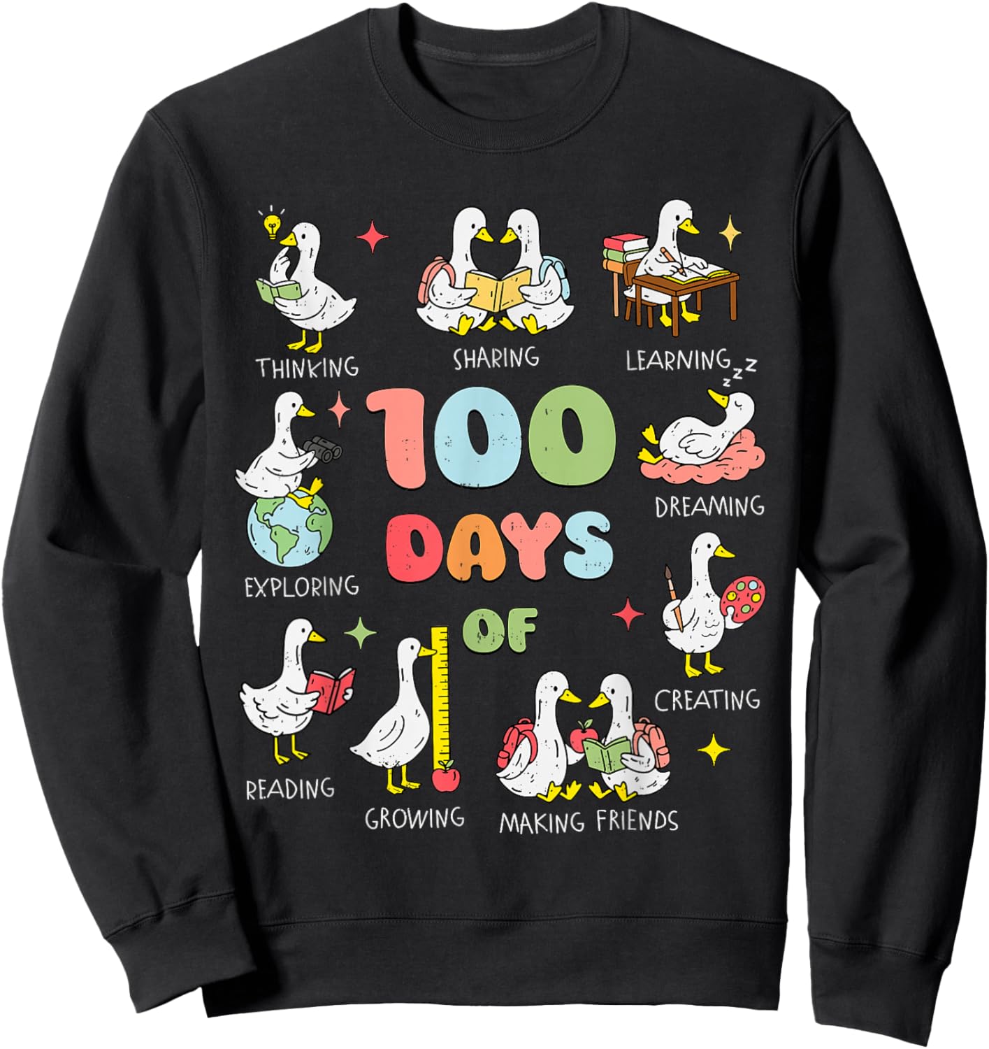 Happy 100 Days of School Girl Kids Goose 100th Day of School Sweatshirt - Sweatshirt | Black