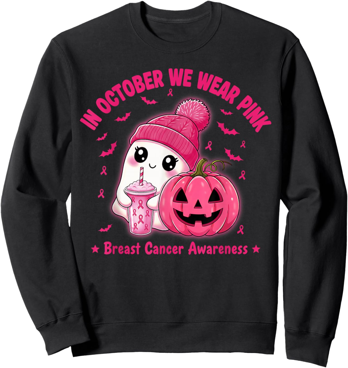 in October We Wear Pink Cute Ghost Breast Cancer Awareness Sweatshirt - Sweatshirt | Black
