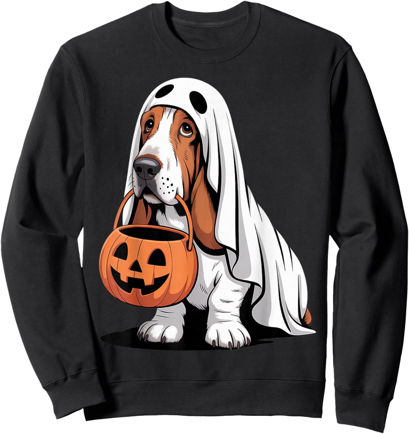 Cute Basset Hound Dog Ghost Costume with Pumpkin Sweatshirt - Sweatshirt | Black