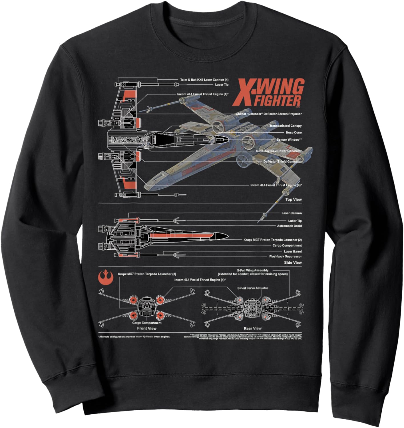 Star Wars Rebel X-Wing Fighter T-65B Schematic Blueprint Sweatshirt - Sweatshirt | Black
