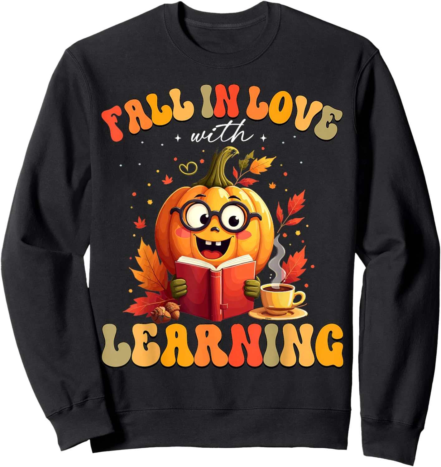 Retro Fall in Love with Learning Autumn Pumpkin Teacher Kids Sweatshirt - Sweatshirt | Black
