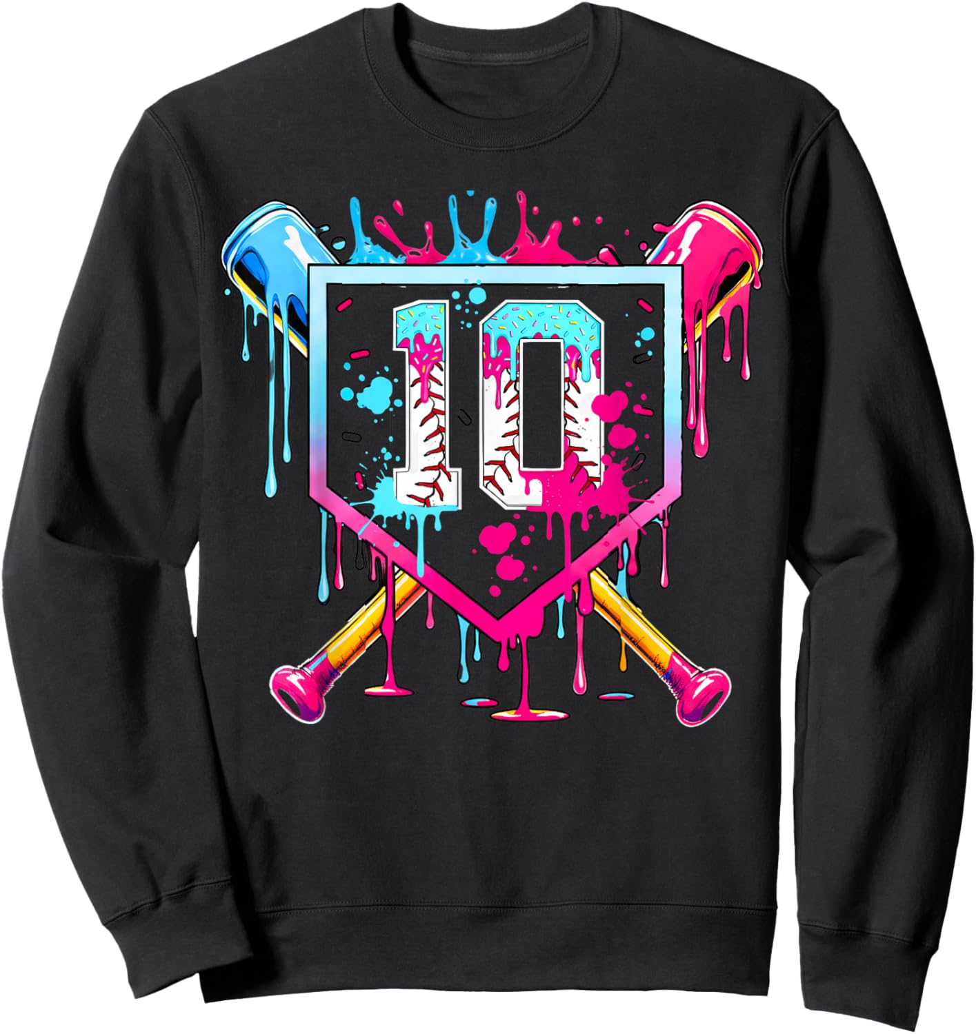 10th Birthday Boys Baseball Ice Cream Drip Boys Baseball Sweatshirt - Sweatshirt | Black