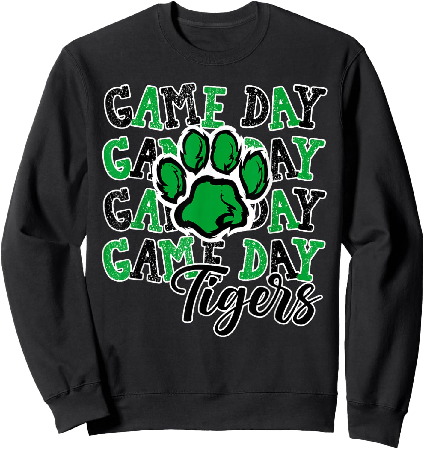 Game Day Tigers Green Paw Print School Spirit Mascot Tiger Sweatshirt - Sweatshirt | Black