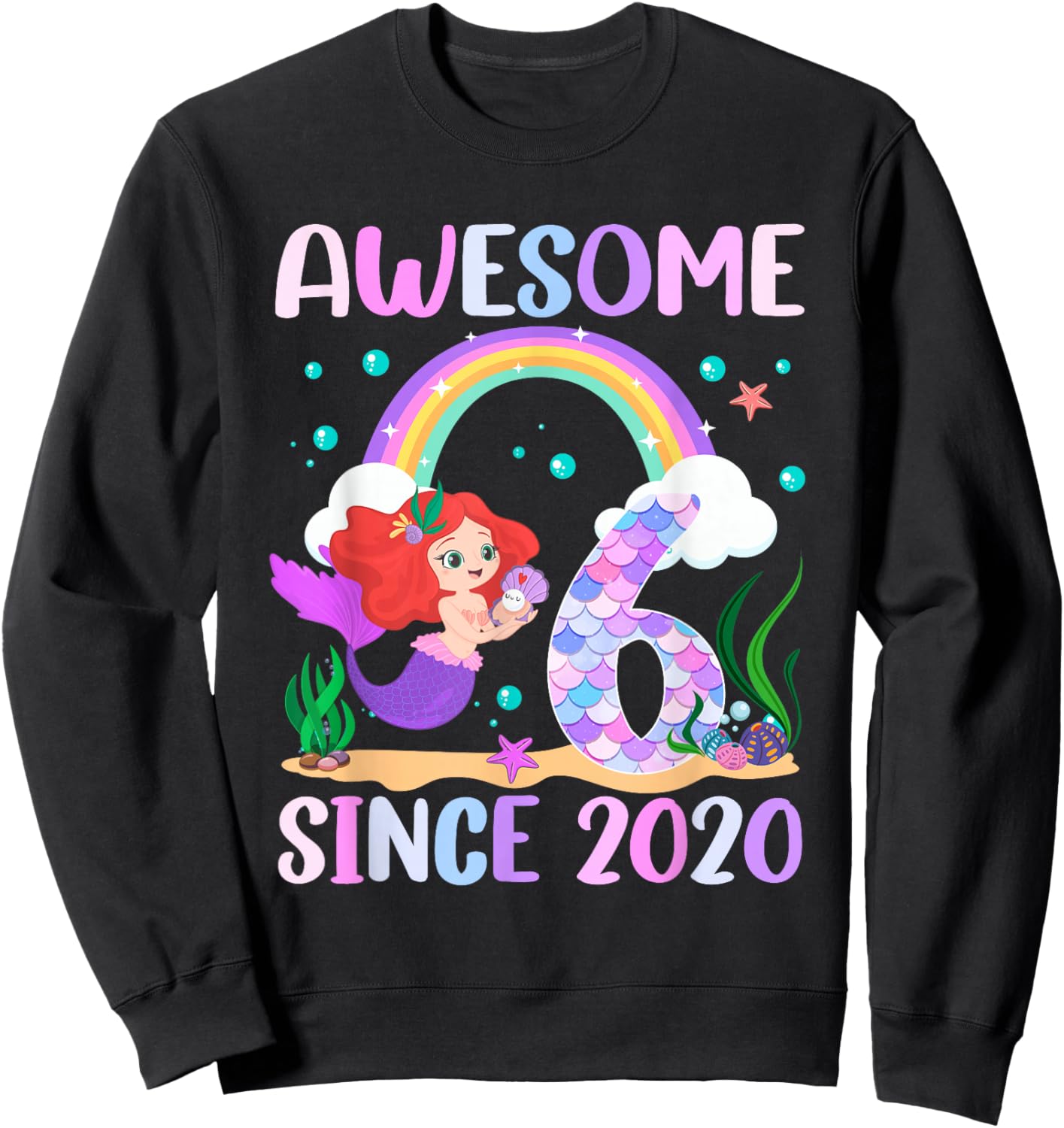 6th Birthday Girl Mermaid Theme Awesome Since 2020 Sweatshirt - Sweatshirt | Black