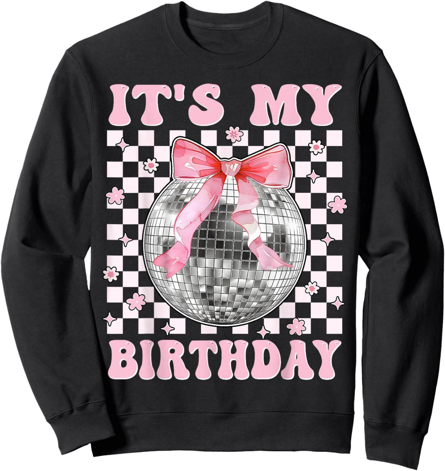Groovy It's My Birthday Teens Girls Disco Ball Coquette Bow Sweatshirt - Sweatshirt | Black
