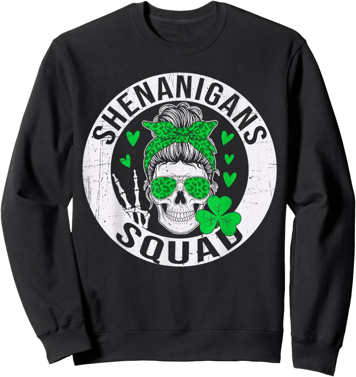 Shenanigans Squad St Patricks Day Messy Bun Shamrock Women Sweatshirt - Sweatshirt | Black
