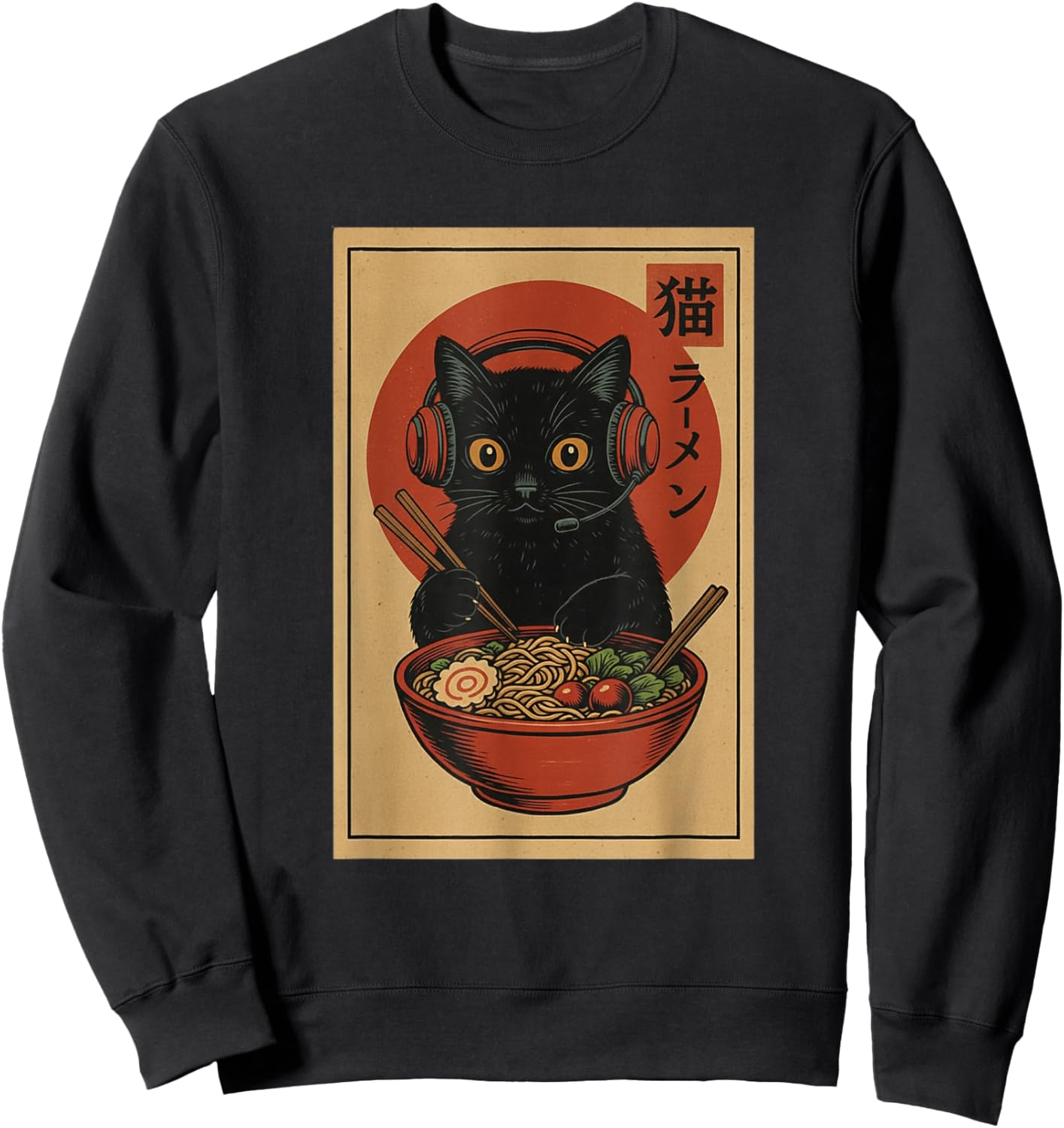 Cute Kawaii Gamer Cat Funny Ramen Retro Japanese Cat Gaming Sweatshirt - Sweatshirt | Black