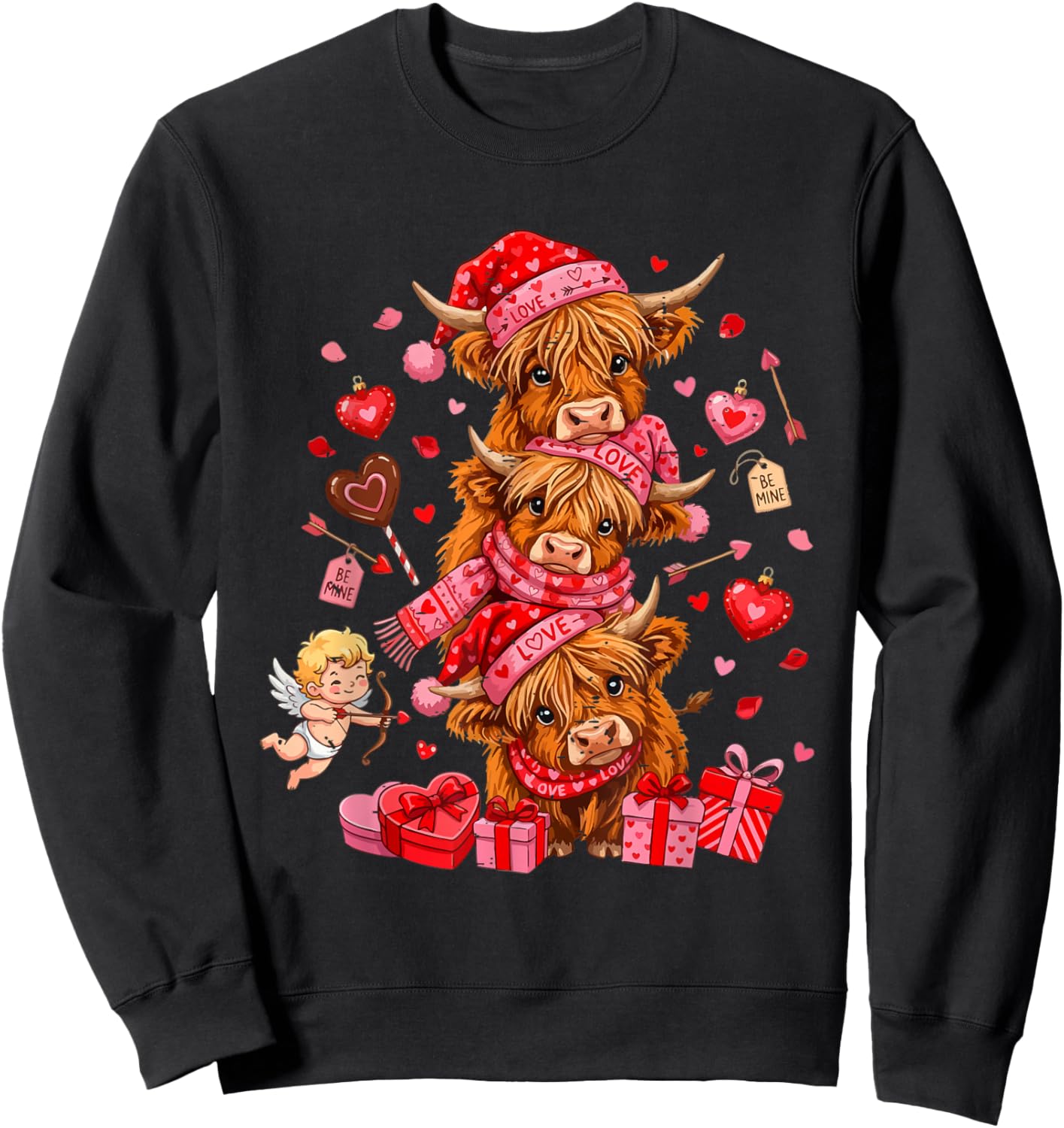 Funny Valentine Highland Cow Lover XOXO Be Mine Cute Cupid Sweatshirt - Sweatshirt | Black