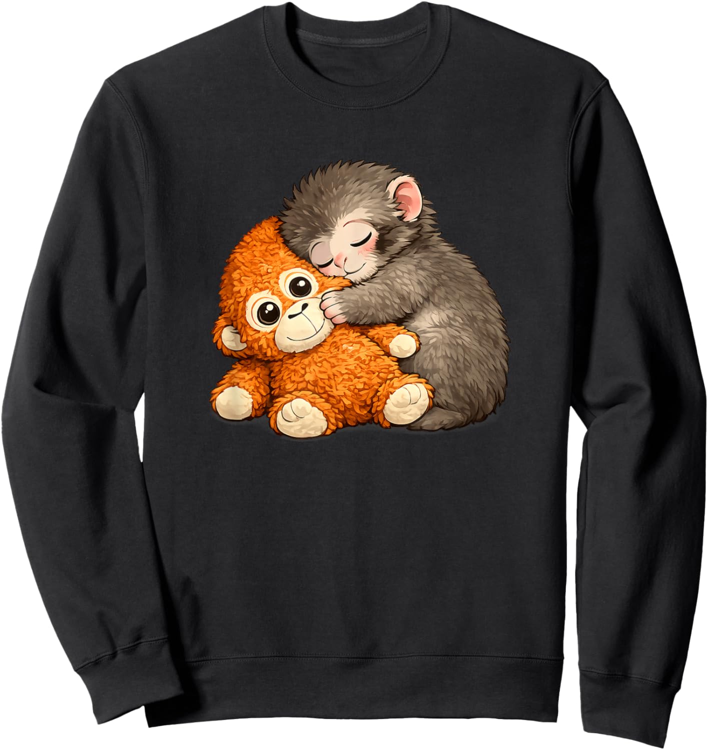 Punch Monkey with Teddy Bear Cuddling Meme Viral Internet Sweatshirt - Sweatshirt | Black