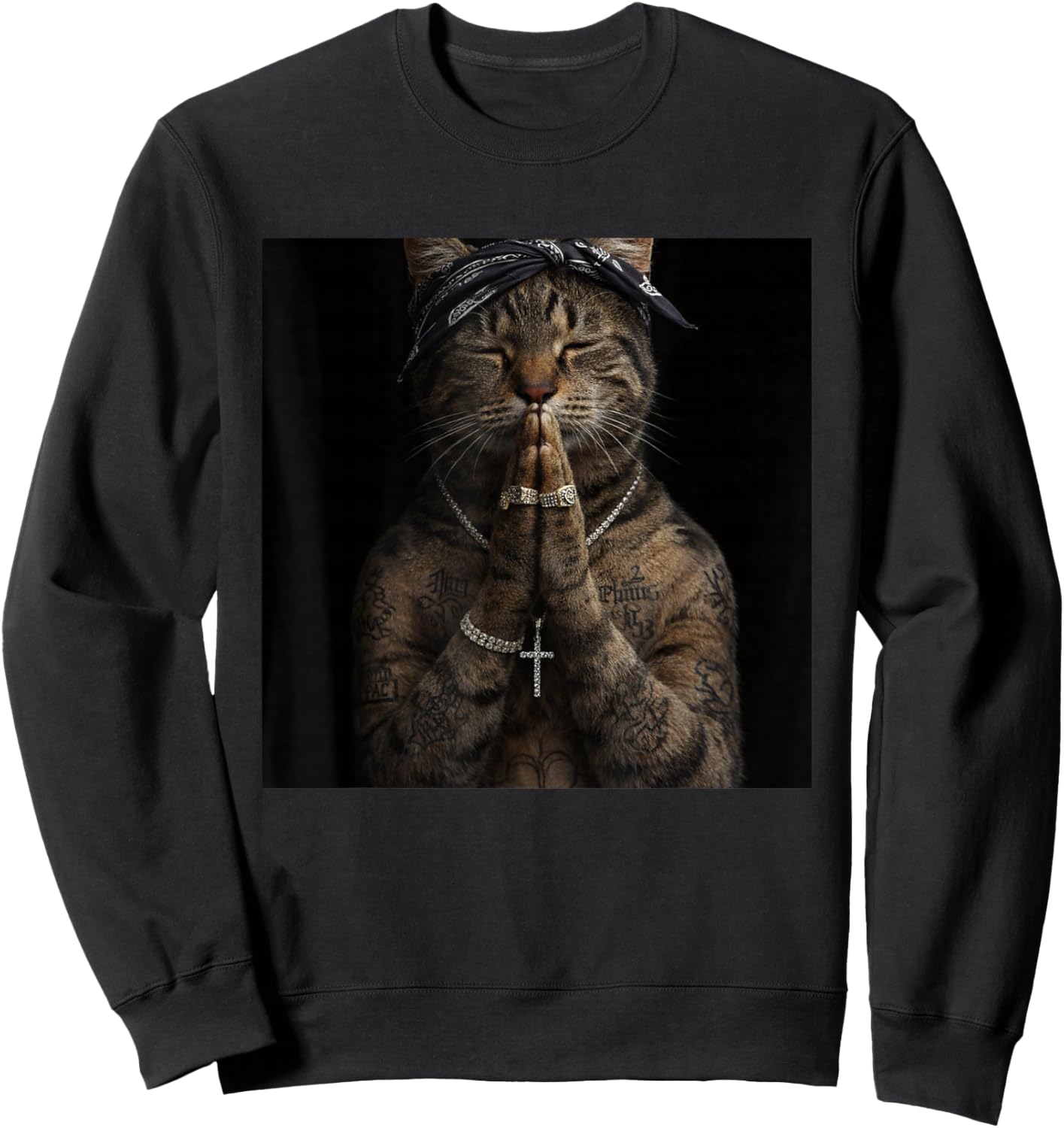 Funny Gangster Cat Gen Z Retro Hip Hop Gangsta Cat Meme Sweatshirt - Sweatshirt | Black