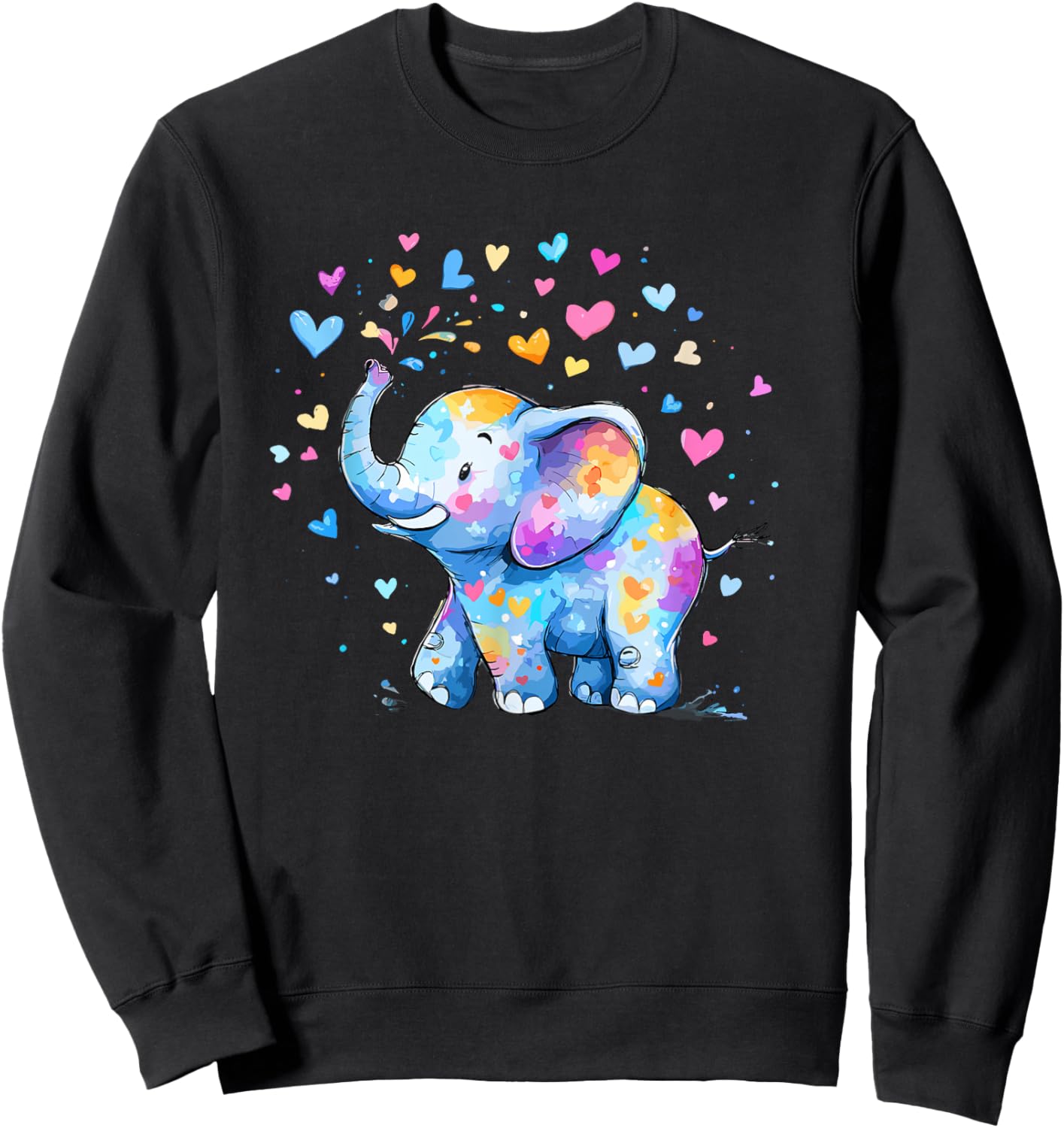 Rainbow Elephant with Color Hearts Love Sweatshirt - Sweatshirt | Black
