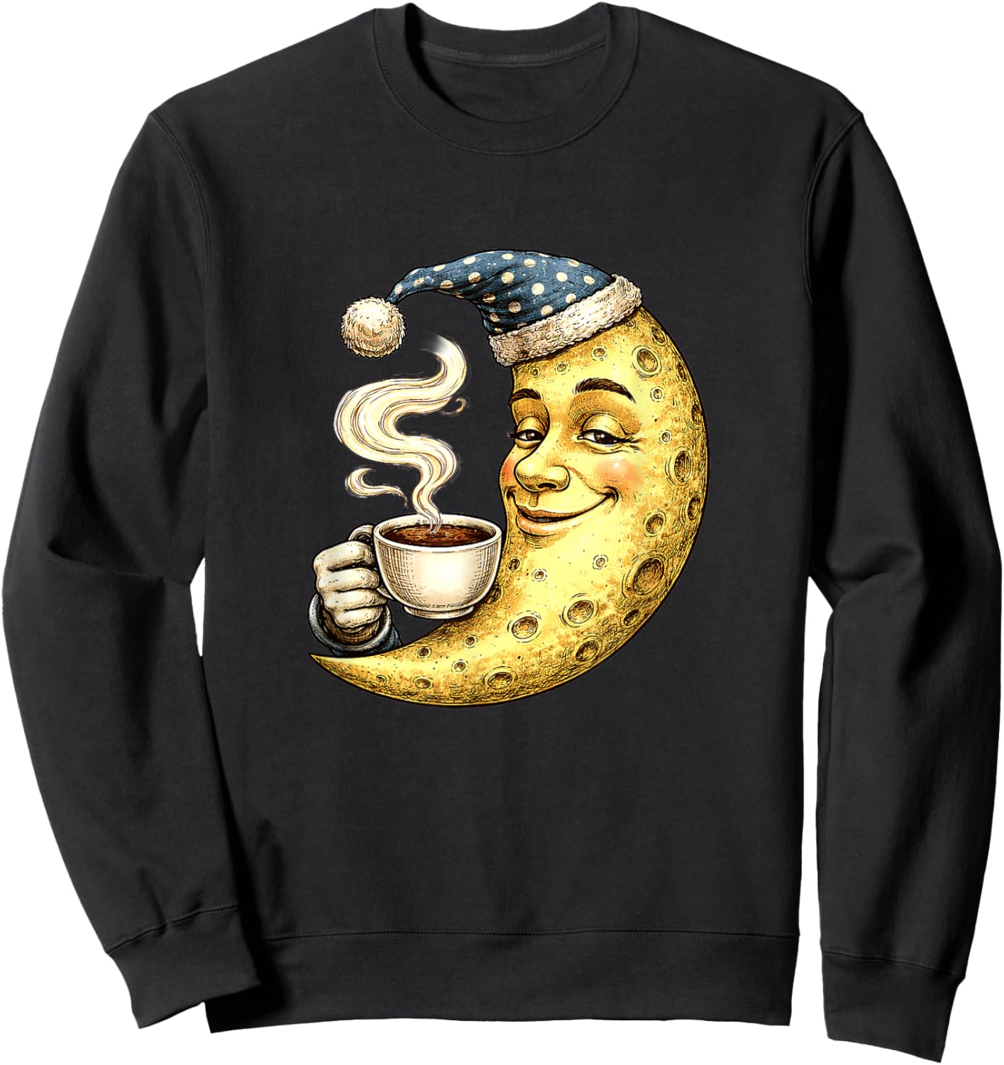 Sleepy Crescent Moon with Coffee Sweatshirt - Sweatshirt | Black