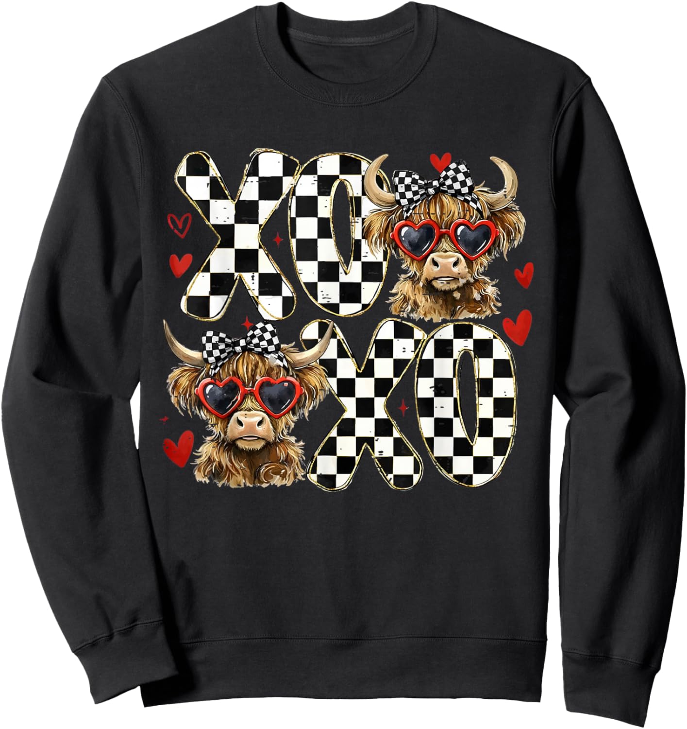 Retro Checkered Coquette Highland Cow XOXO Western Valentine Sweatshirt - Sweatshirt | Black