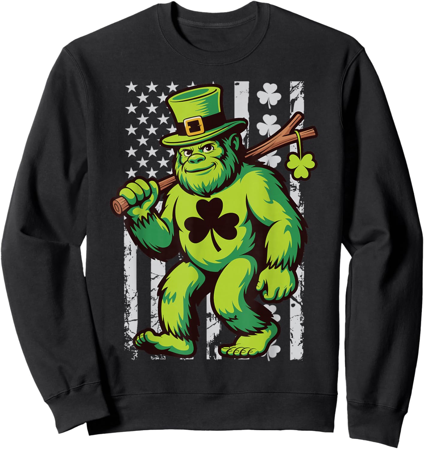 St Patricks Day Bigfoot American Flag USA Shamrocks Vintage Sweatshirt - Sweatshirt | Black