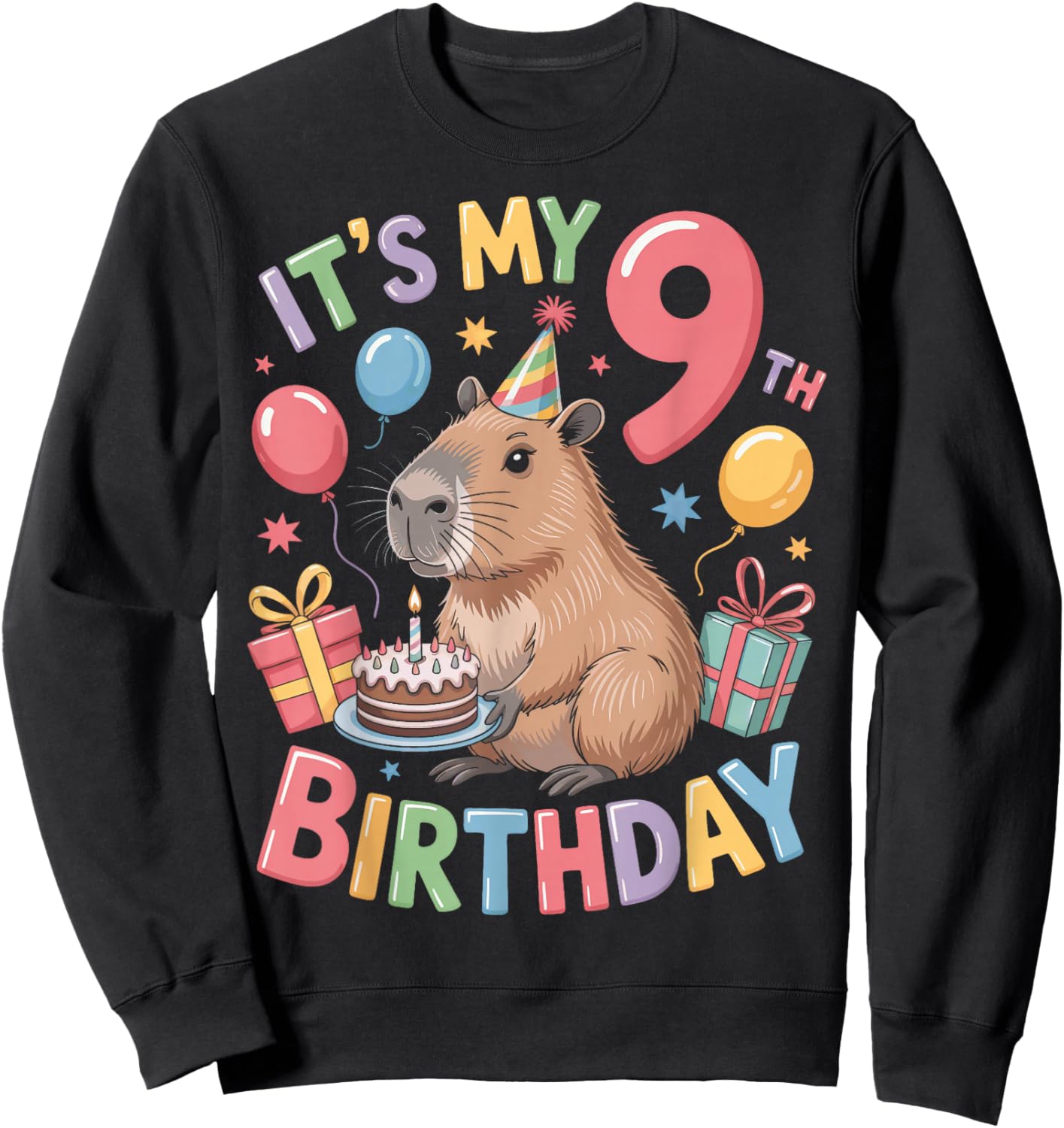 Adorable Capybara Animal It's My 9th Birthday Kids Sweatshirt - Sweatshirt | Black