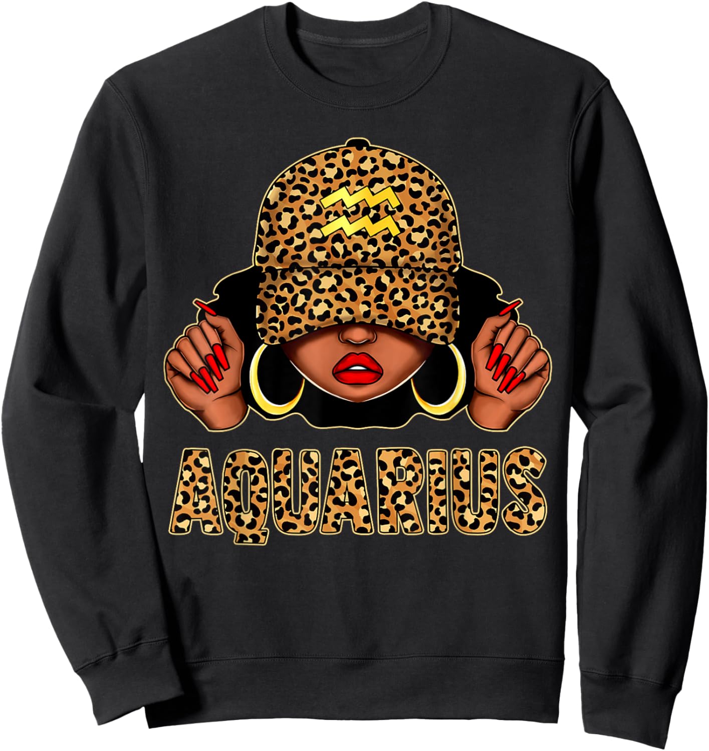 Aquarius Black Woman Leopard Cap Hat Zodiac Sign Birthday Sweatshirt - Sweatshirt | Black
