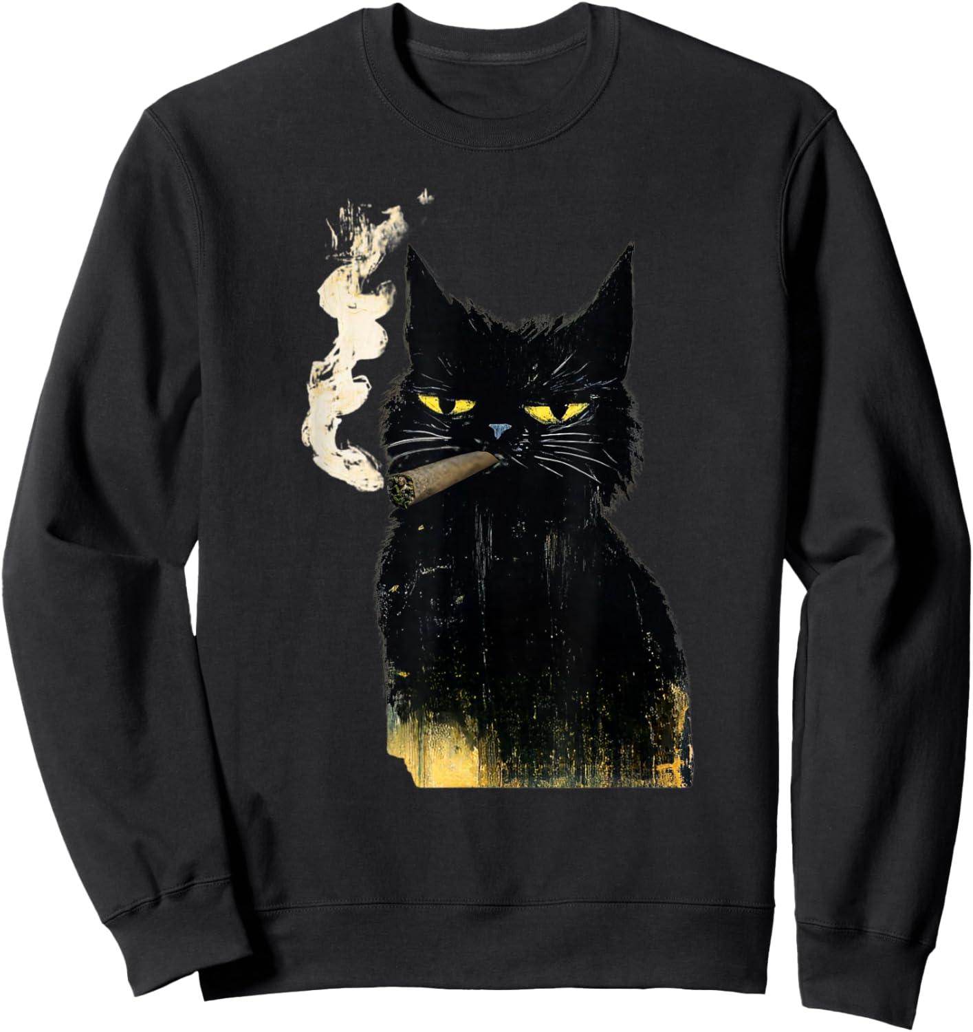 Funny Adult Vintage Black Cat Smoking Blunt Weed Art Paint Sweatshirt - Sweatshirt | Black