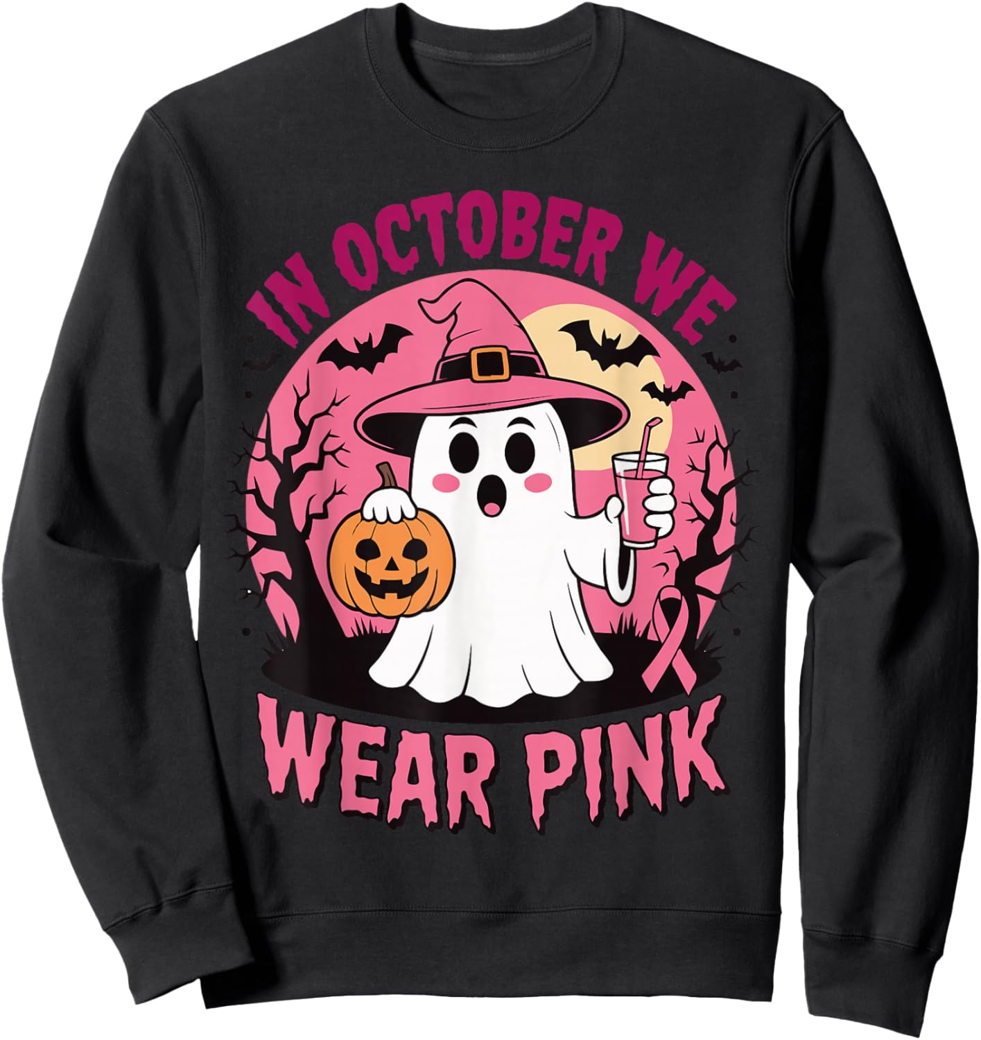 Breast Cancer in October We Wear Pink Ghost Sweatshirt - Sweatshirt | Black
