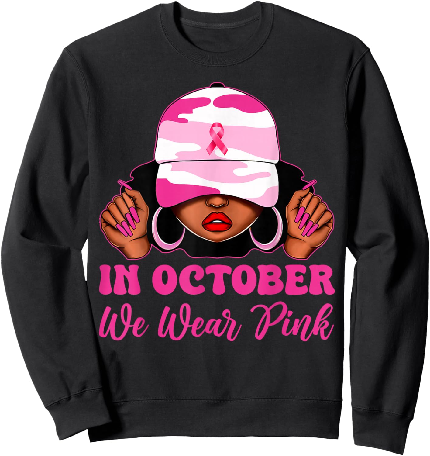 in October We Wear Pink Black Women Camo Breast Cancer Sweatshirt - Sweatshirt | Black